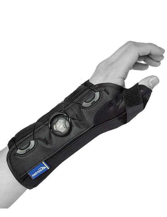 Wrist support with thumb rest and BOA system for precise fit