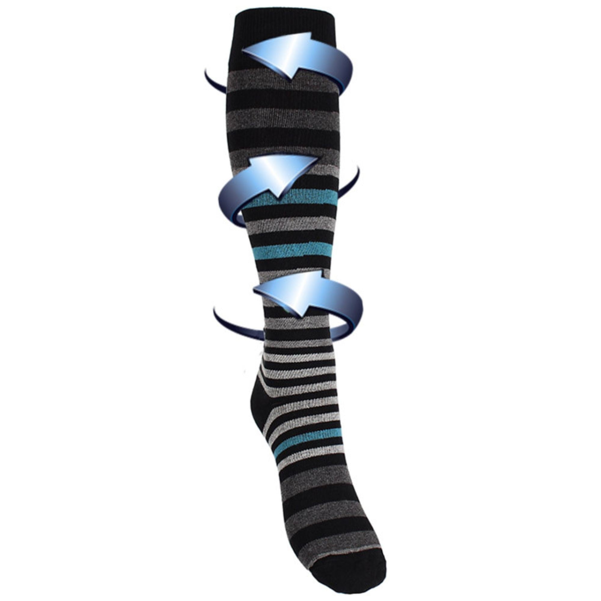 Support socks, grey/turquoise striped, for swollen and tired legs