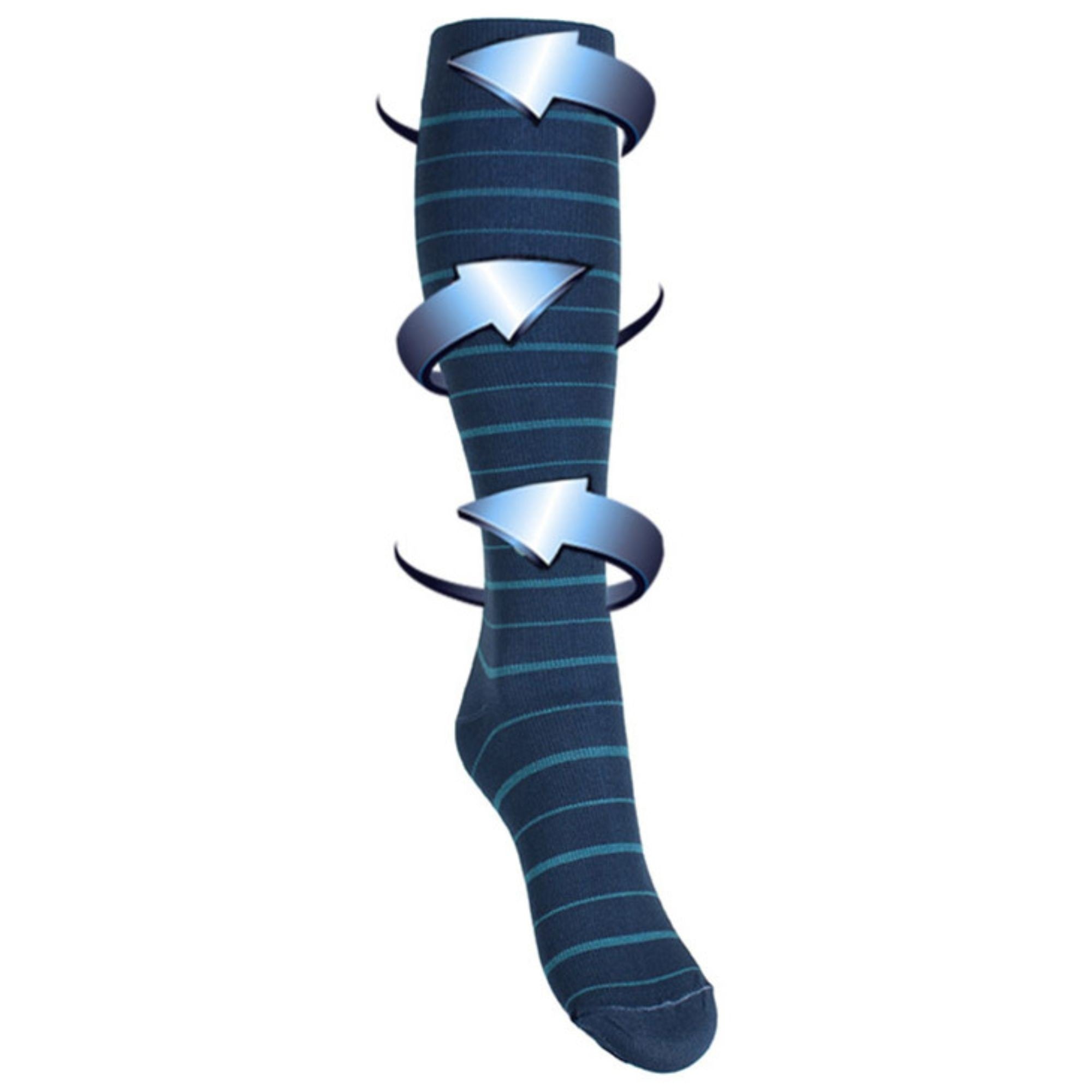 Blue striped support socks for swollen and tired legs