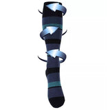 Support stockings with blue and black stripes for swollen and tired legs