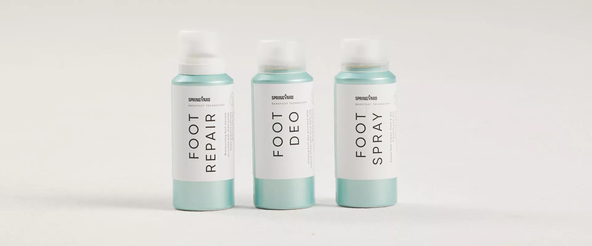 Springyard Barefoot Kolmen jalkojenhoitotuotteen kuva: Foot Repair, Foot Deo ja Foot Spray -jalkasuihke